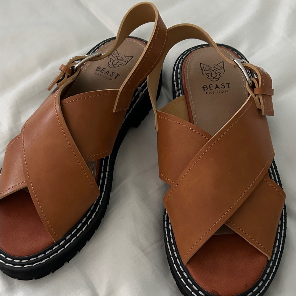 BEAST FASHION Women's Brown Cross-Strap Sandals